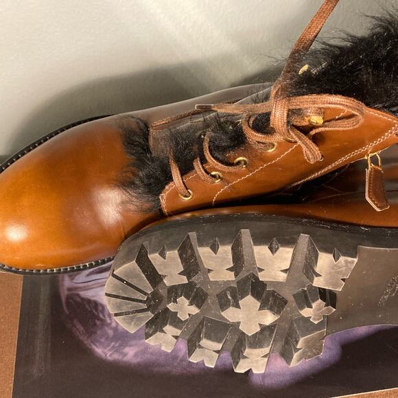 Prada Tobacco Burnished Leather Fur Combat Boot Orig $1400 Sz 38 / 7.5 8~ Mint - Picture 9 of 12